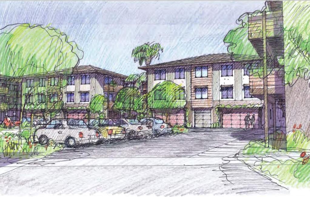 This artist rendering shows a front view of one Fetters Apartment buildings with a close-in parking lot for residents of this low-income Green certified planned neighborhood.