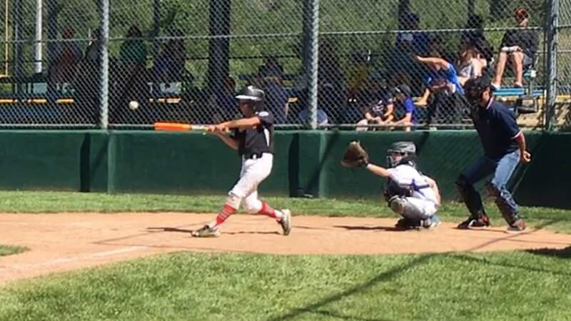 Brett Armitage of the Falcons connects on one of his two home runs against the Blue Jays in the opening round of the 2017 Sonoma Little League playoffs. (Zach Lawrence)