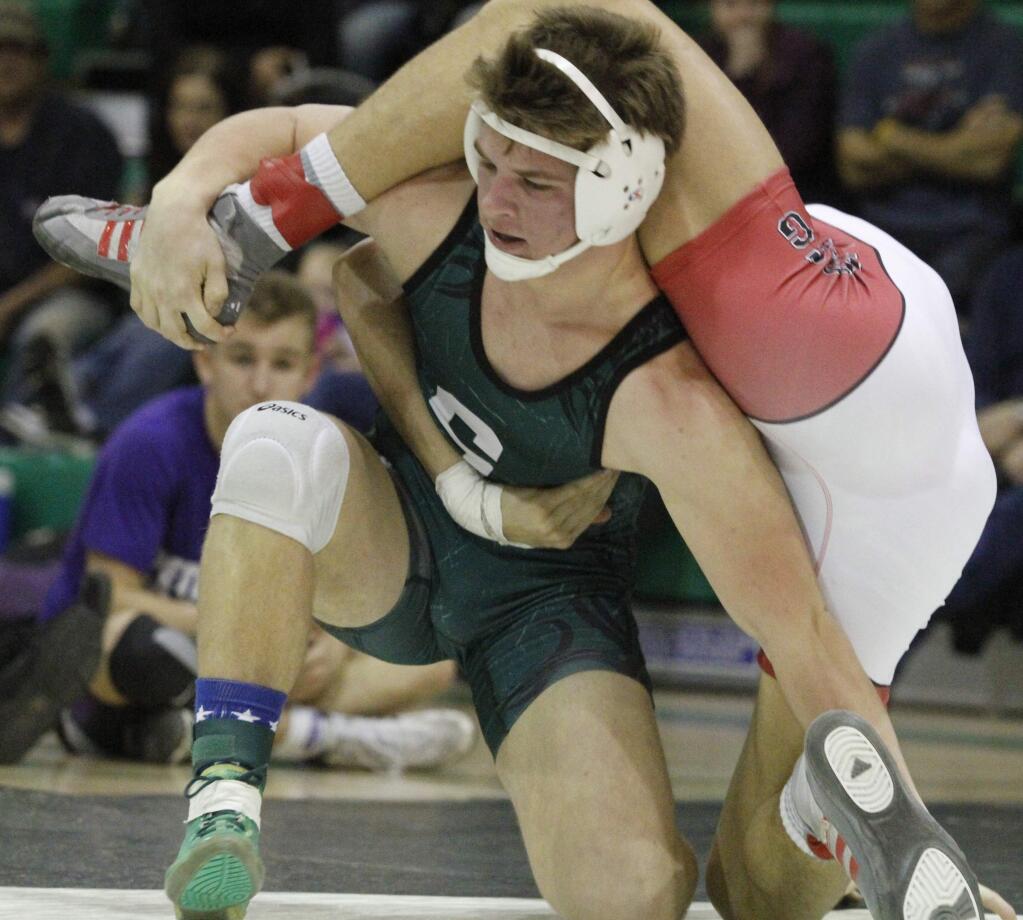 Bill Hoban/Index-TribuneSonoma's Tyler Winslow is one of four Dragon grapplers who won their weight class in the Saturday, Feb. 18, Sonoma County League meet. Winslow and nine of his Dragon teammates qualifired for Saturday's NCS meet on Hayward.