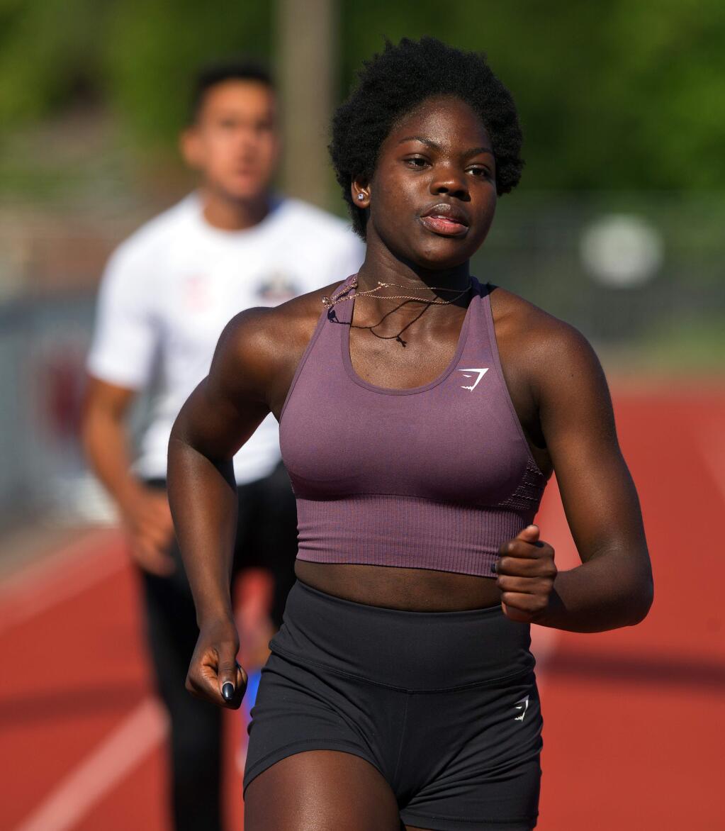 Maria Carrillo High School sprinter and hurdler Habibah Sanusi leads the team into the Redwood Empire NCS track and field championships on Saturday. (John Burgess/The Press Democrat)