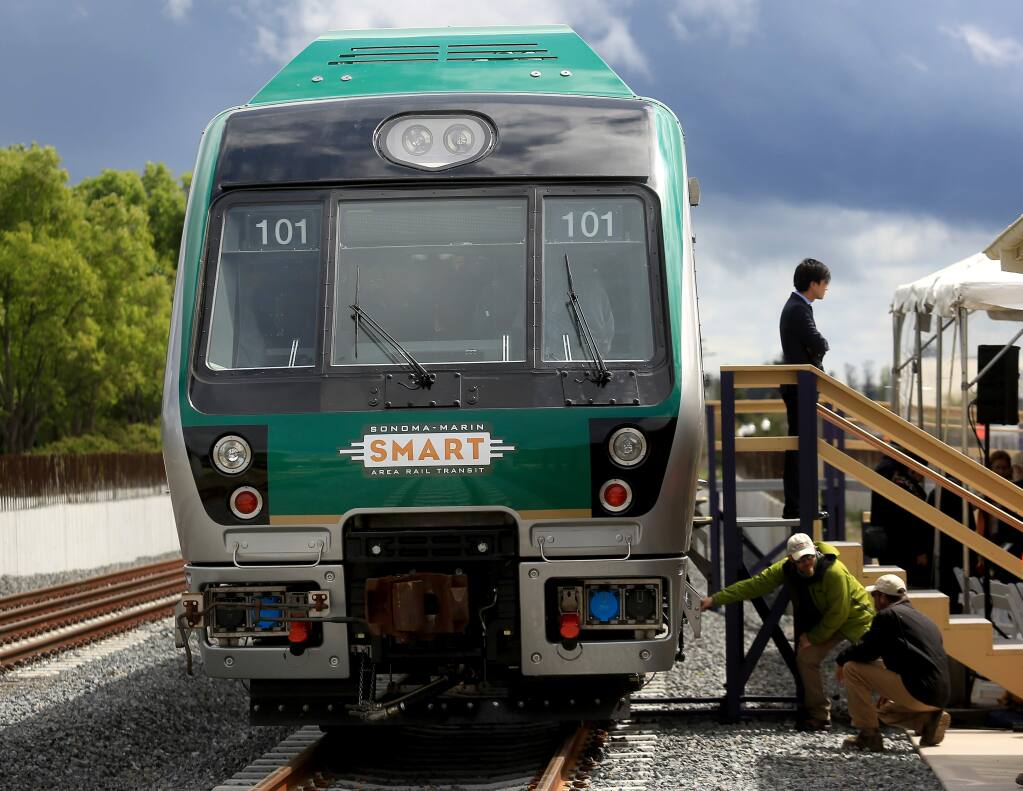 A SMART commuter train, Tuesday April 7, 2015 at the Cotati train depot, for an official unveiling of the train cars. (Kent Porter / Press Democrat) 2015