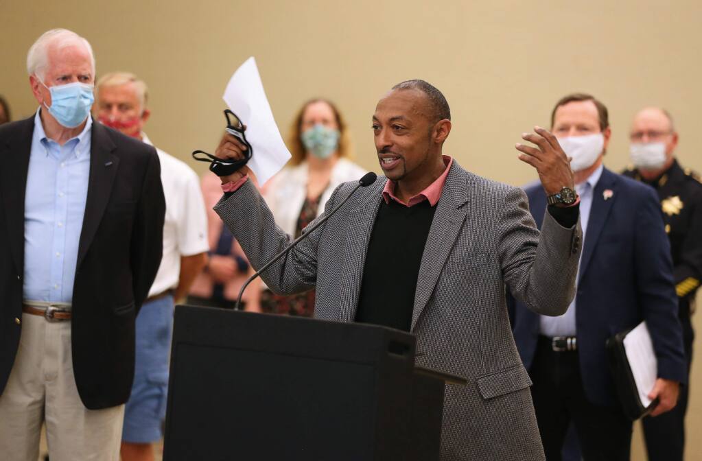 NAACP Sonoma County Chapter President Rubin Scott speaks during a press conference addressing local police reform, in Santa Rosa on Wednesday, June 10, 2020. (Christopher Chung/ The Press Democrat)