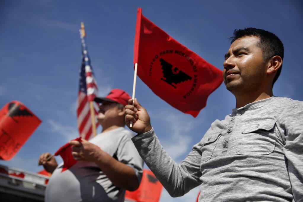 Gustavo Valentin takes part in a UFW march to mark Cesar Chavez's birthday and push for better overtime pay for farmworkers, in Santa Rosa on Sunday, April 3, 2016. (BETH SCHLANKER / The Press Democrat)