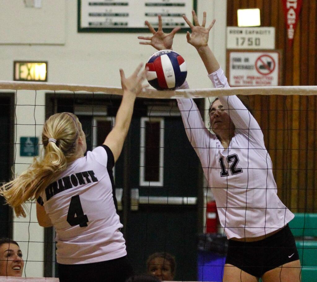 Bill Hoban/Index-TribuneSonoma's Mackenzie Albrecht adds a block to the impressive statistics she put up in helping lead the third-seeded Lady Dragons to an NCS Division-3 playoffs quarterfinal victory over sixth-seeded Miramonte Saturday night in Pfeiffer Gym.