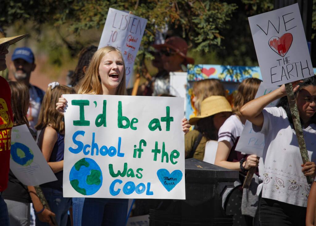 Natalie Crafts, 16, a student at St. Vincent de Paul in Petaluma, participates in the Climate Strike in this Argus-Courier file photo Sept. 20, 2019. Petaluma is a front-runner in the race for a $1 million grant to help implement the city’s climate strategies. (CRISSY PASCUAL/ARGUS-COURIER STAFF)