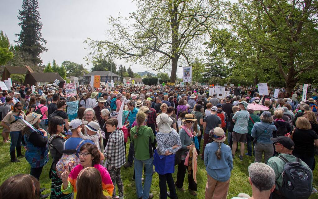 People take part in a March for Science rally in Santa Rosa, Calif. Saturday, April 22, 2017. Protesters began their march with a rally in Juilliard Park, followed by a march through downtown to City Hall. (Jeremy Portje / For The Press Democrat)