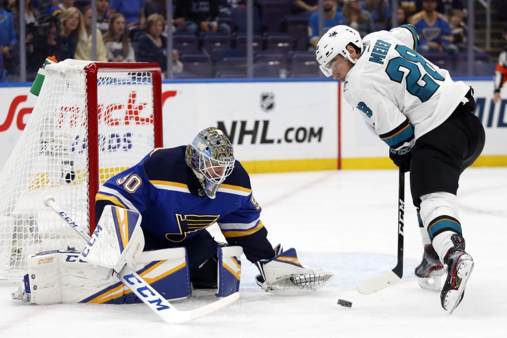 St. Louis Blues goaltender Jordan Binnington (50) follows the puck as San Jose Sharks right wing Timo Meier (28), of Switzerland, moves in during the second period in Game 4 of the NHL hockey Stanley Cup Western Conference final series Friday, May 17, 2019, in St. Louis. (AP Photo/Jeff Roberson)