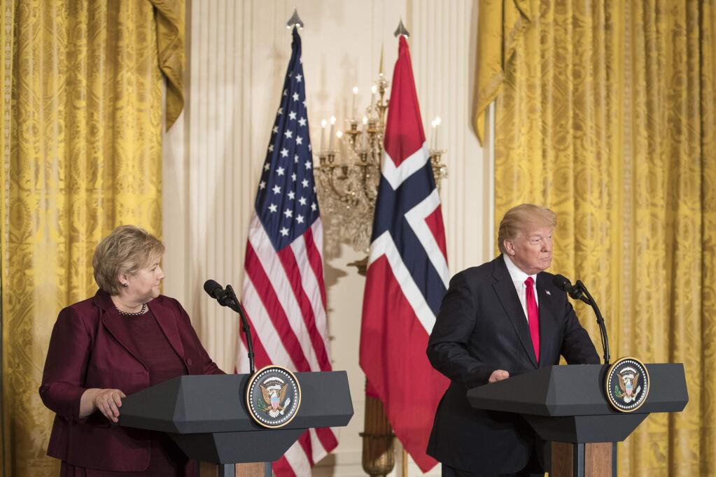 President Donald Trump with Norwegian Prime Minister Erna Solberg during a joint news conference on Jan. 10 at the White House (TOM BRENNER / New York Times)