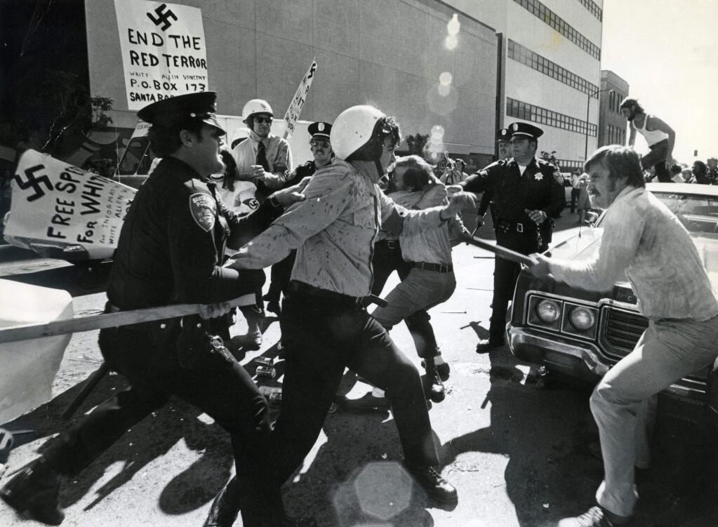 Violence breaks out at a 1978 Nazi rally in downtown Santa Rosa. (PRESS DEMOCRAT FILE PHOTO)