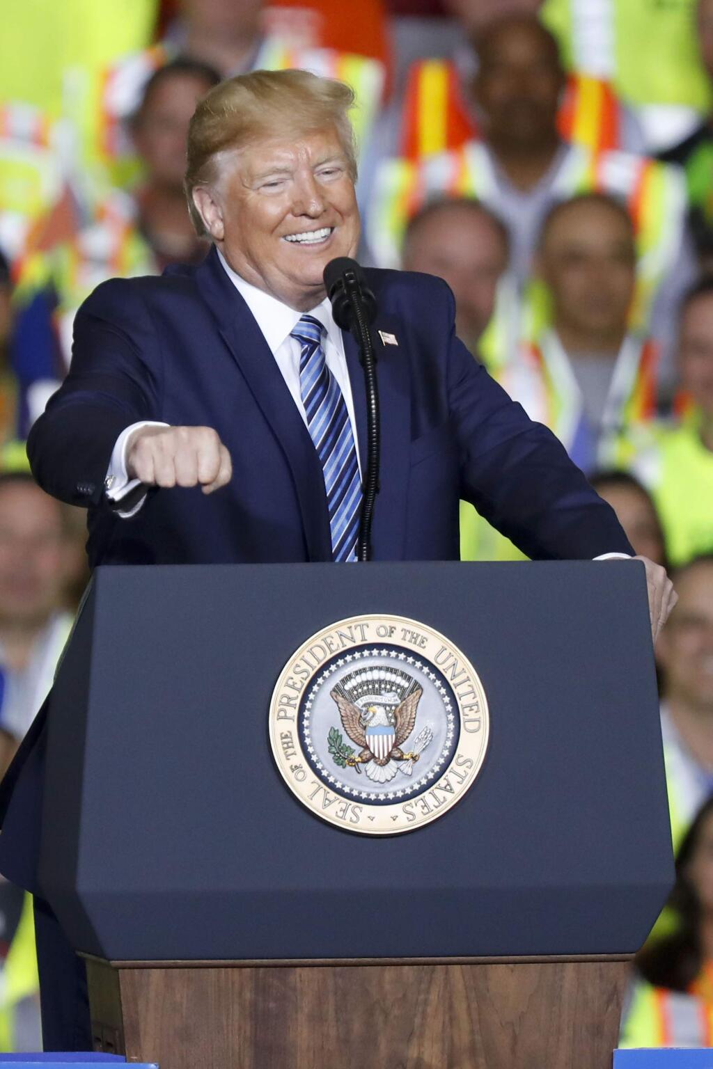 President Donald Trump speaks before taking a tour of the Pennsylvania Shell ethylene cracker plant on Tuesday, Aug. 13, 2019 in Monaca, Pa.(AP Photo/Keith Srakocic)