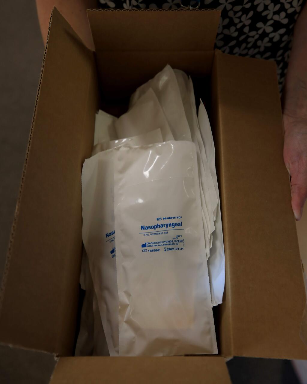 At Healdsburg Physicians Group, swab kits were received, Thursday, March 12, 2020, that when used, will be sent to a lab for processing for COVID-19. (Kent Porter / The Press Democrat) 2020