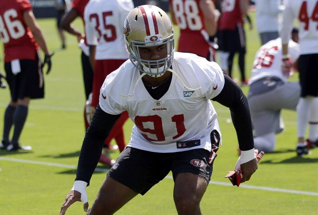 Arik Armstead played little more than third downs last season as a rookie, but seemed to have become a focus of the pass rush at the 49ers' minicamp. (Marcio Jose Sanchez / Associated Press))