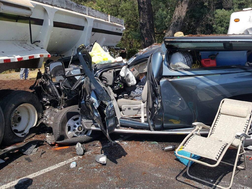 A collision between a big rig and a pickup on Highway 101 in Hopland blocked traffic for two hours on Tuesday, Aug. 8, 2017. (COURTESY OF HOPLAND FIRE CAPTAIN RON ROYSUN)