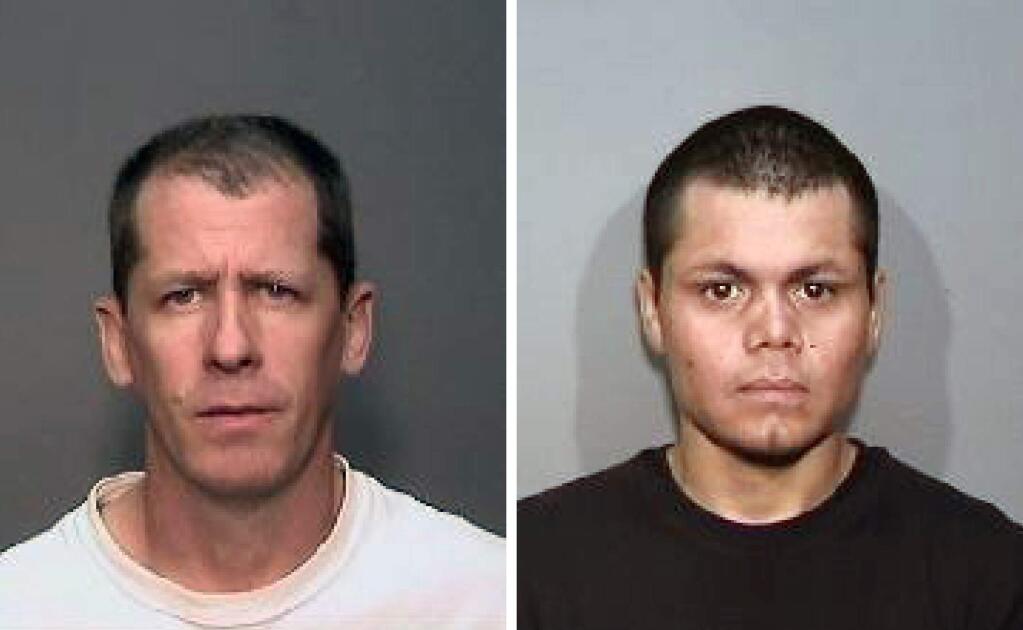 FILE - This combination of undated file photos from the Megan's Law website shows suspects Steven Dean Gordon, 45, left, and Franc Cano, 27, who were arrested on Friday, April 11, 2014, on suspicion of killing four women in Orange County, Calif. Gordon confessed to a police detective after his arrest earlier this year, testimony from a grand jury transcript unsealed Monday, Nov. 24, 2014, revealed. Gordon also told police that he and co-defendant Frank Cano killed a fifth woman who has never been identified. (AP Photo/Megan's Law, File)