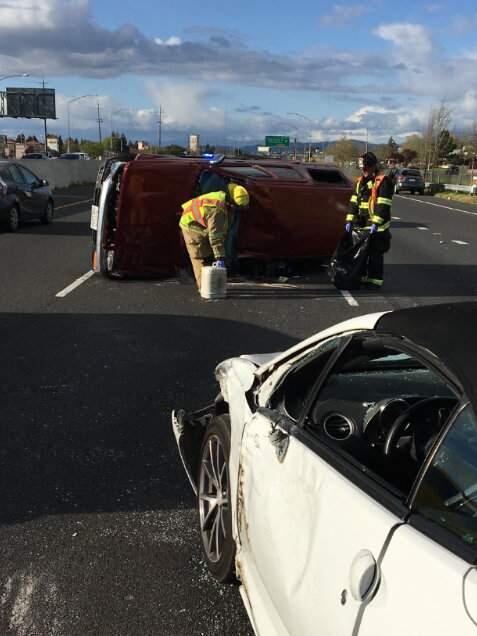 A two-car crash on Highway 101 in Rohnert Park snarled traffic and sent one woman to the hospital on Wednesday, March 22, 2017. (COURTESY OF RANCHO ADOBE FIRE DISTRICT CAPTAIN JIMMY BERNAL)