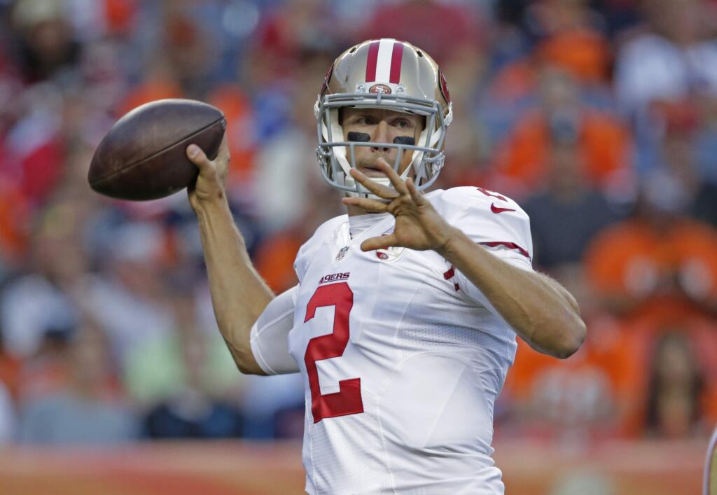 FILE - In this Aug. 20, 2016, file photo, San Francisco 49ers quarterback Blaine Gabbert looks to pass in the first half of a preseason NFL football game against the Denver Broncos in Denver. For Chip Kelly and Blaine Gabbert, this season is about a second chance at NFL success. After being run off from his first NFL coaching job in Philadelphia, Kelly took over in San Francisco and has picked another reclamation project in Gabbert as his starting quarterback for the 49ers. (AP Photo/Jack Dempsey, File)