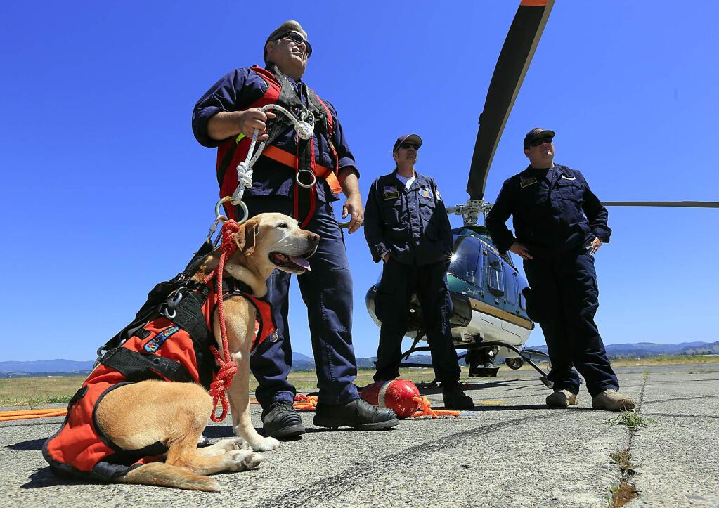 California Urban Search and Rescue Task Force officers trained with their dogs and the Sonoma County Sheriff's Henry-1 helicopter on Wednesday, April 29, 2105. (JOHN BURGESS / The Press Democrat)