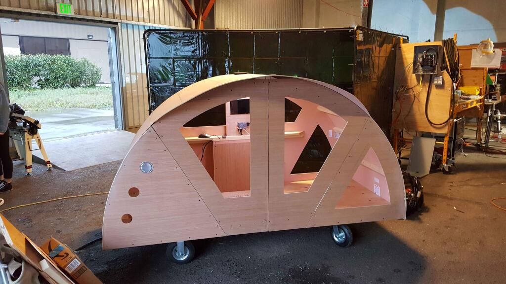 Meg McConaheyThe micro-dwelling that is under 50 square-feet that can be hitched to a bicyle createdby Healdsburg's Harvey Broady, Linus Lancaster and Ken Berman that will be part of an exhibit at Paul Mahder Gallery in Healdsburg on the challenges of living without a home.