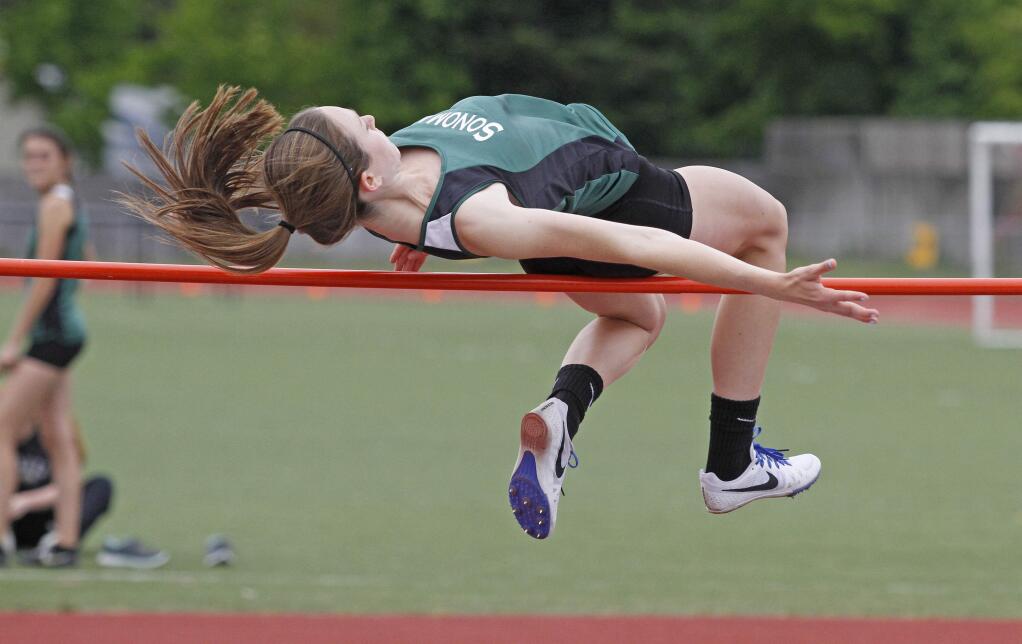 Sonoma's Emma Maggioncalda clears the bar at the Sonoma County League meet Saturday, May 14.Photos by Bill Hoban/Index-Tribune