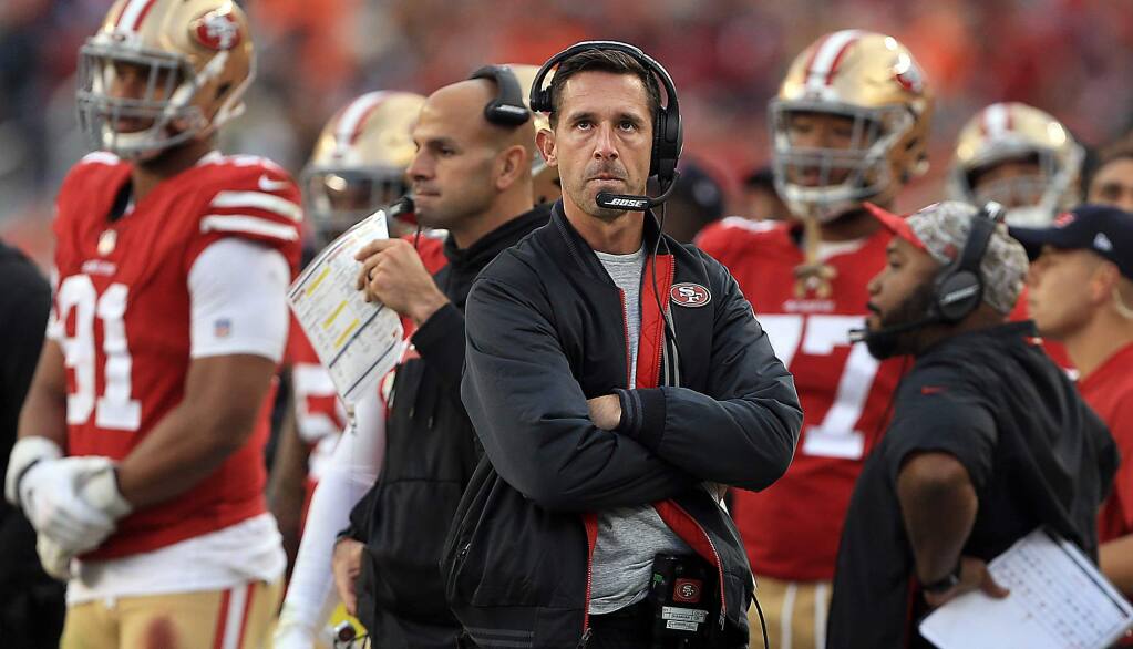 It got serious in the fourth quarter as 49er head coach Kyle Shanahan sweats out a Broncos touchdown threat during San Francisco's 20-14 win over Denver, Sunday, Dec. 9, 2018 in Santa Clara. (Kent Porter / The Press Democrat) 2018