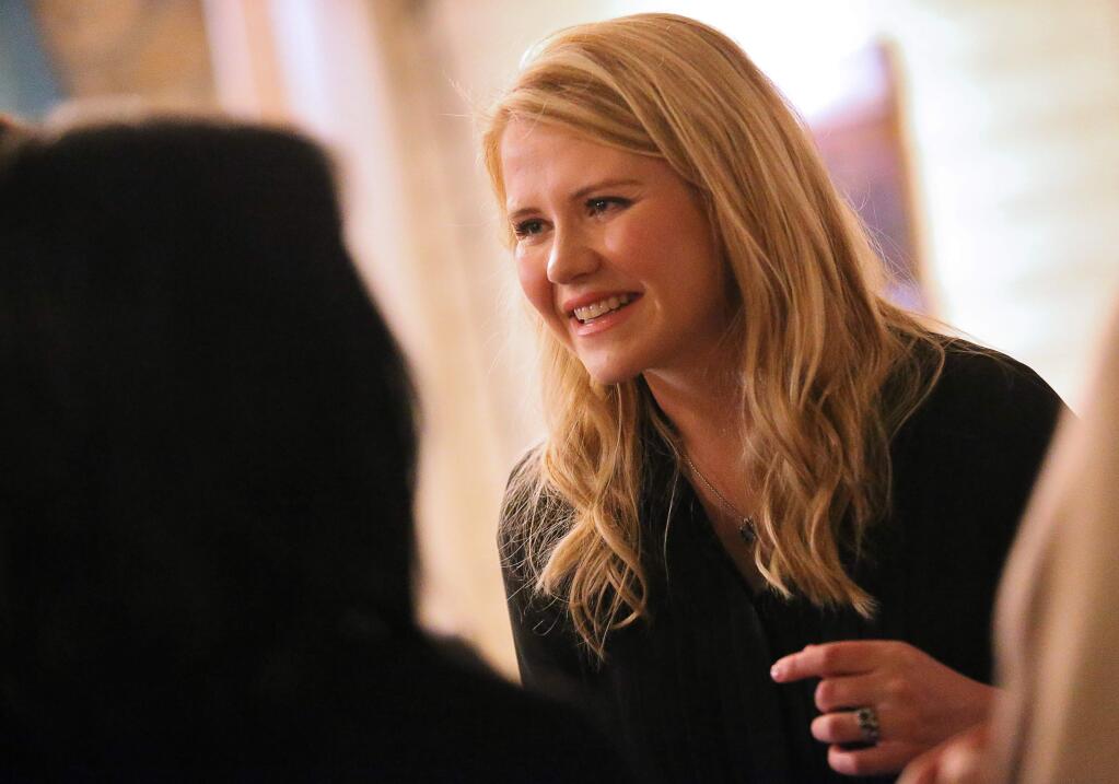 Elizabeth Smart meets with guests at a reception before her Sonoma County Women in Conversation appearance at the Luther Burbank Center for the Arts in Santa Rosa on Monday, February 13. (Christopher Chung/ The Press Democrat)