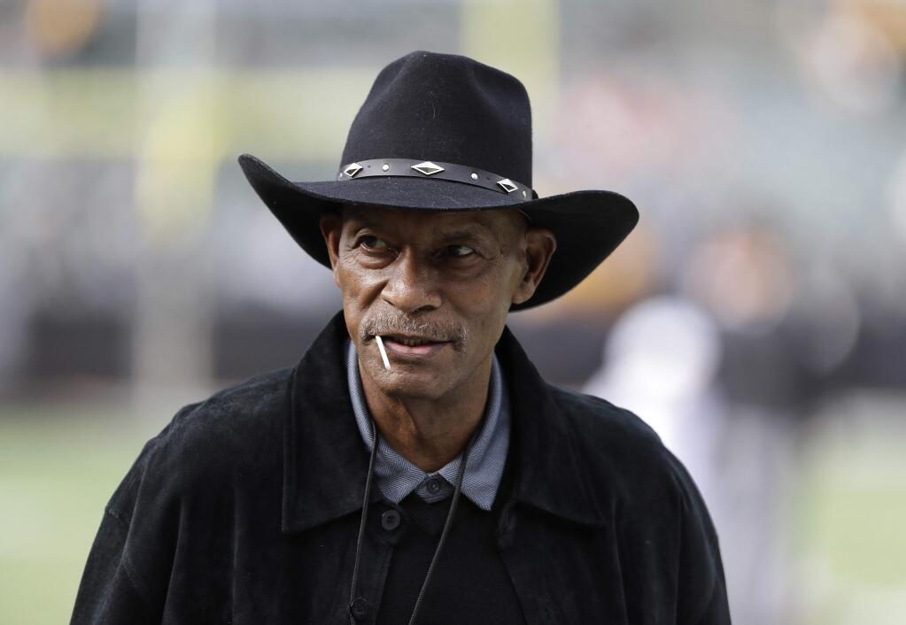 This Oct. 19, 2017, file photo shows Pro Football Hall of Famer Willie Brown before a game between the Oakland Raiders and the Kansas City Chiefs in Oakland. Brown, who provided the iconic play of the Oakland Raiders' first Super Bowl title, died on Tuesday, Oct. 22, 2019. He was 78. The Raiders and Pro Football Hall of Fame announced Brown's death but did not reveal a cause. He had been dealing with cancer. (AP Photo/Marcio Jose Sanchez, File)