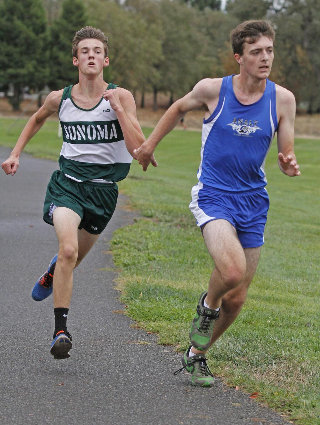 Bill Hoban/Index-Tribune Sonoma's Mason Phillips tries to catch up to an Analy runner in Saturday's cross country meet. Both the boys and girls teams beat Analy in their final tune up before next Saturday's Sonoma County League meet.