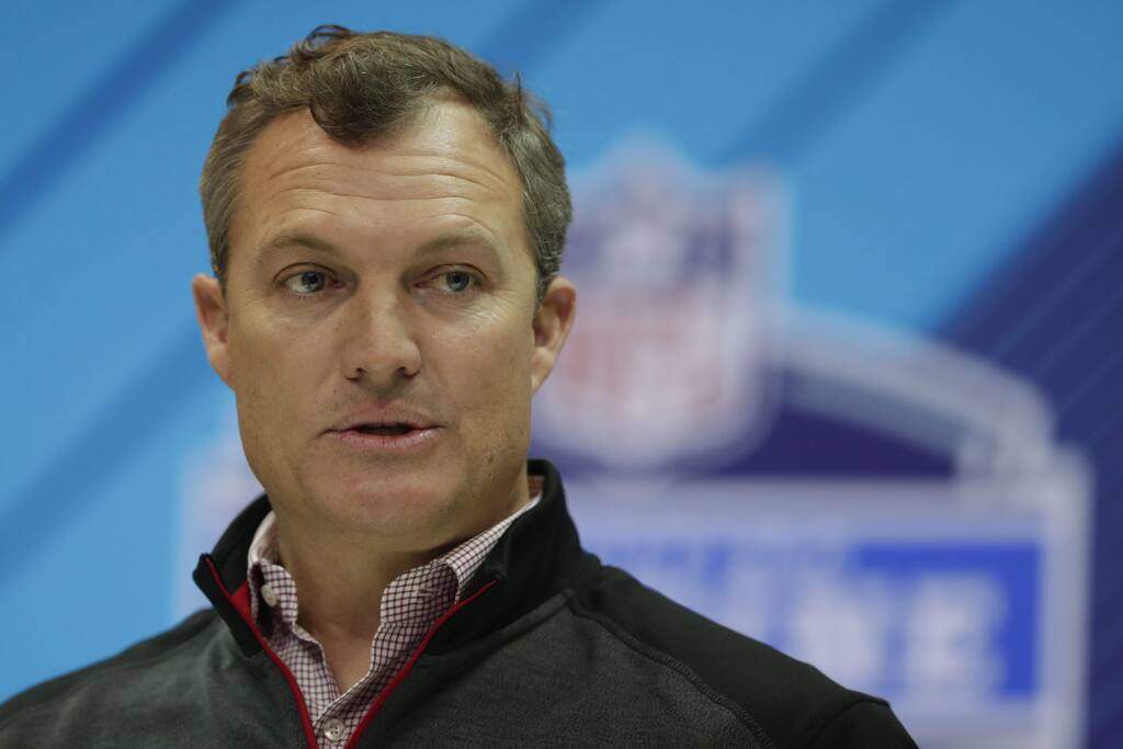 San Francisco 49ers general manager John Lynch speaks during a press conference at the NFL combine in Indianapolis, Thursday, March 1, 2018. (AP Photo/Michael Conroy)