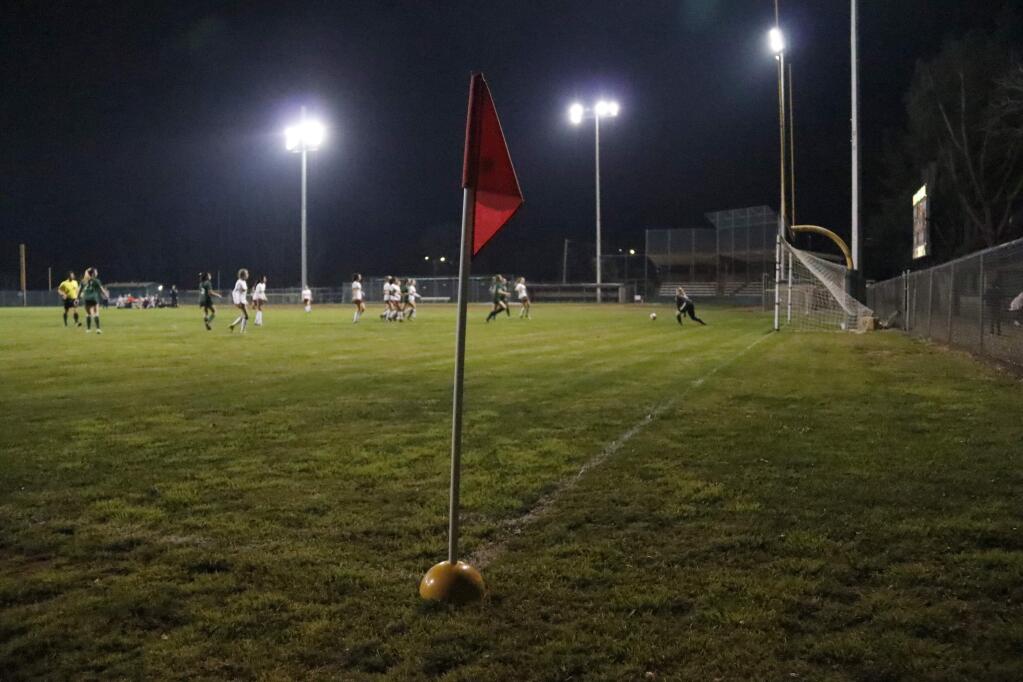 The soccer field at Arnold Field is 20 yeards narrower and a bit shorter than the recommended 120x80 yards, one reason the Sonoma Valley Unified School District is planning on a signficiant expansion of athletic facilities at the high school. (Christian Kallen/Index-Tribune)