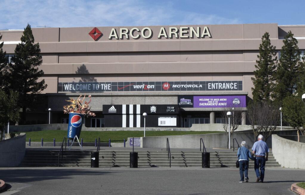 FILE - This Jan. 12, 2011 file photo shows Arco Arena, the home of the Sacramento Kings NBA basketball team Sacramento, Calif. Renamed Sleep Train Arena, it has been the home of the Kings since it opened in 1988. The team will play it's last game at the aging building, Saturday against the Oklahoma City Thunder and begin play next season at the new Golden One Center built in downtown Sacramento. (AP Photo/Rich Pedroncelli,file)