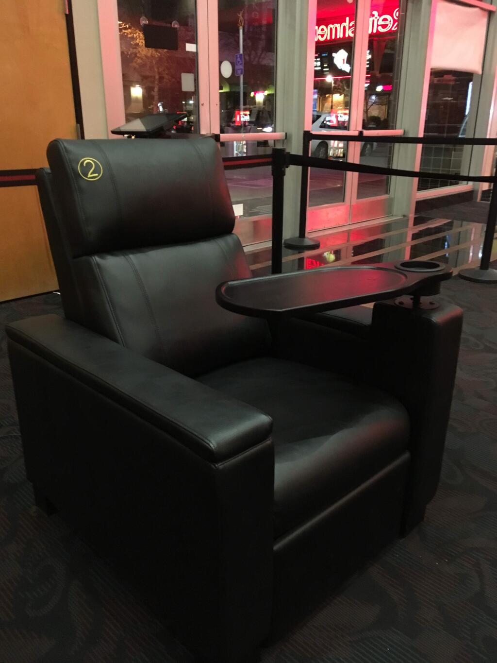 This 'display chair' is a good sneak-peek of what the actual recliners look like at Boulevard 14 Cinemas.