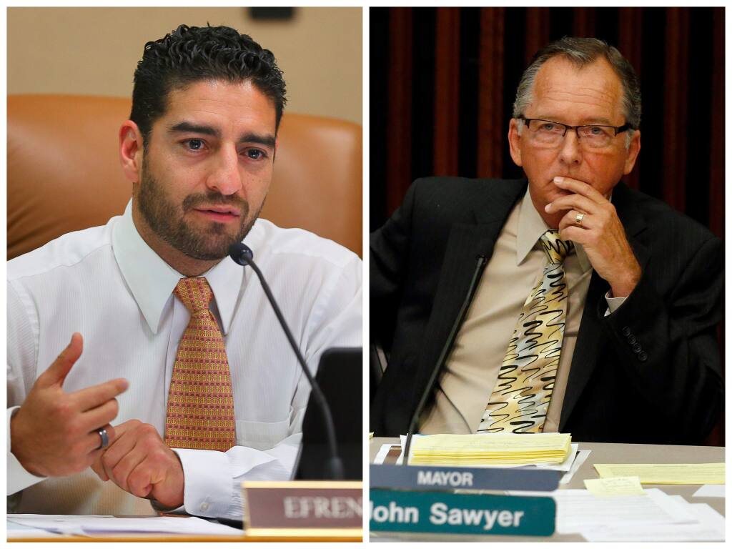 Sonoma County Supervisor Efren Carrillo, left, and Santa Rosa Mayor John Sawyer, right. ( PRESS DEMOCRAT FILE )