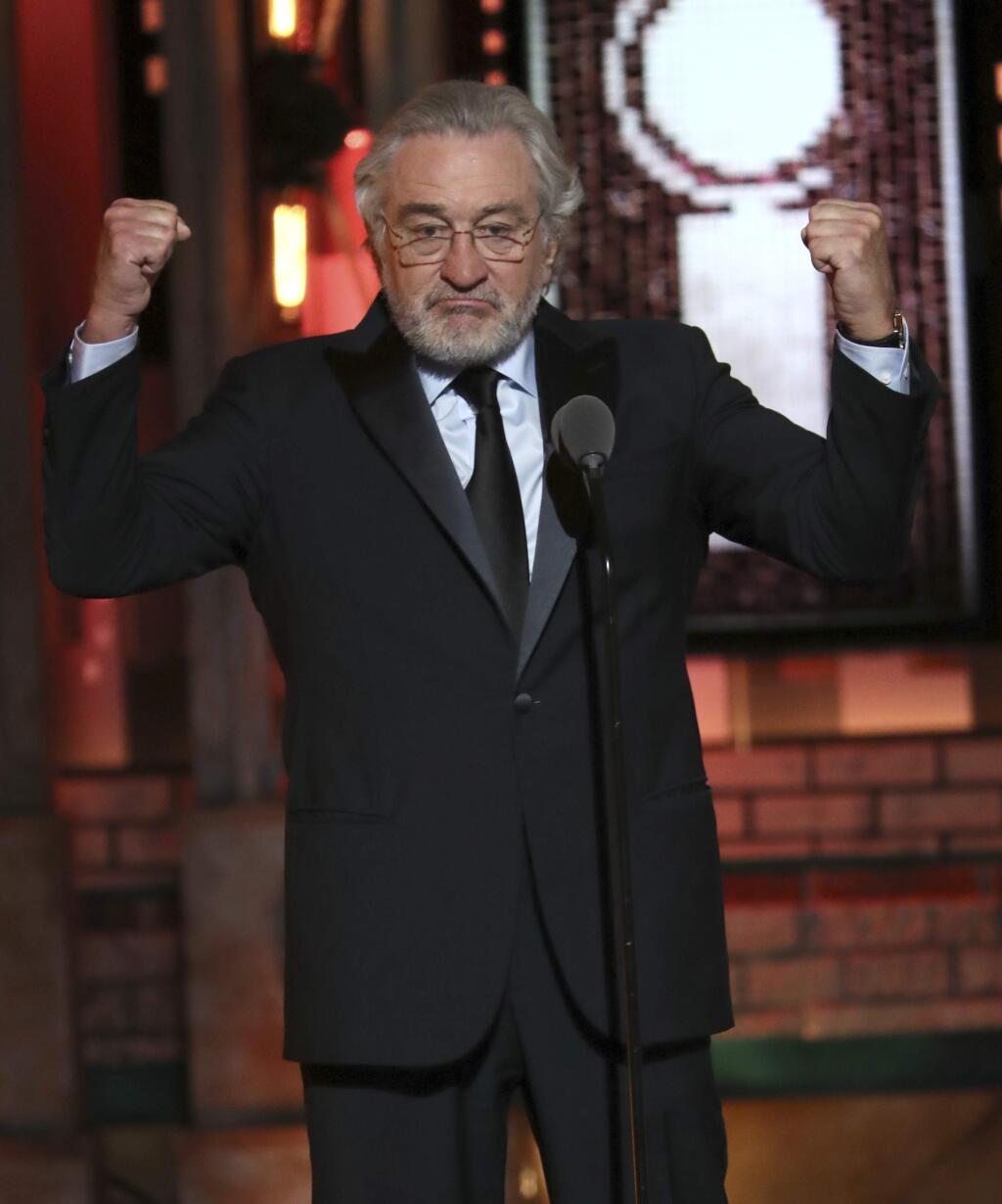 Robert De Niro gestures while introducing a performance by Bruce Springsteen at the 72nd annual Tony Awards at Radio City Music Hall on Sunday, June 10, 2018, in New York. (Photo by Michael Zorn/Invision/AP)