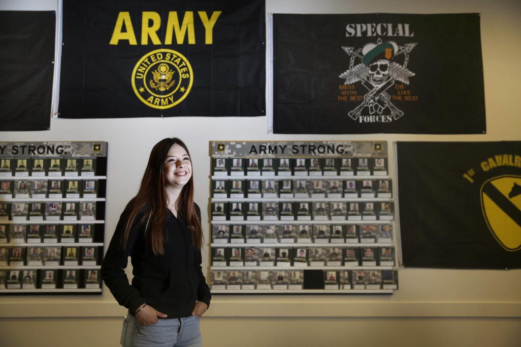 Petaluma resident Yesenia Gutierrez will enter the U.S. Army basic training next week to become a fire support specialist, a job only recently opened to women. Photo taken at the U.S. Army Recruiting Office on Tuesday, August 30, 2016 in Santa Rosa, California . (BETH SCHLANKER/ The Press Democrat)