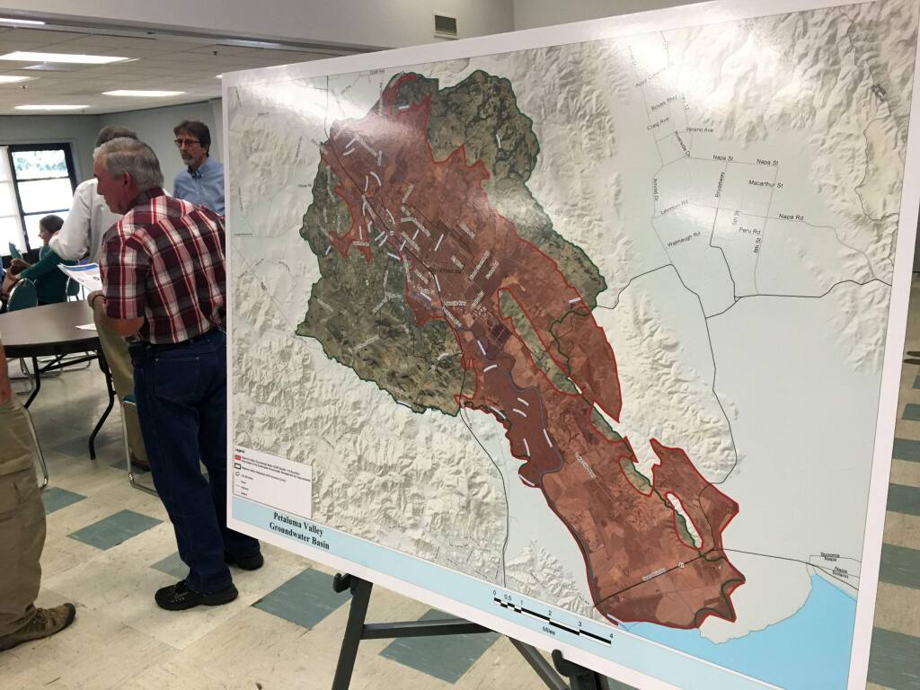 A map depicts the Petaluma Valley groundwater basin, an area that is subject to a new state regulations of groundwater, during a meeting on Aug. 17, 2016. (ERIC GNECKOW/ARGUS-COURIER STAFF)