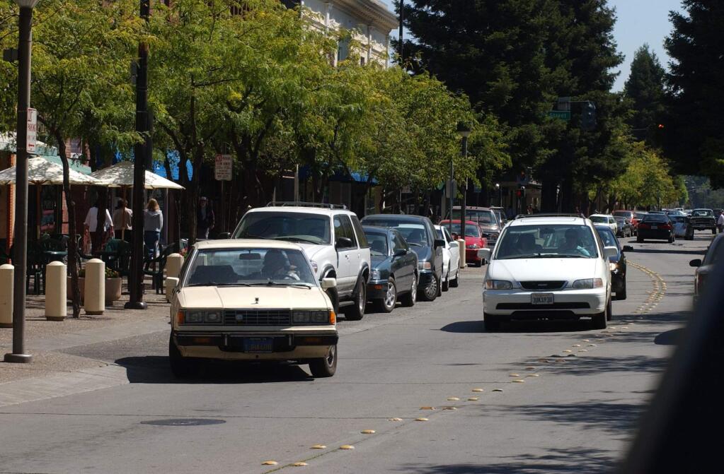 Cars along Fourth Street in Santa Rosa. (PD FILE, 2002)