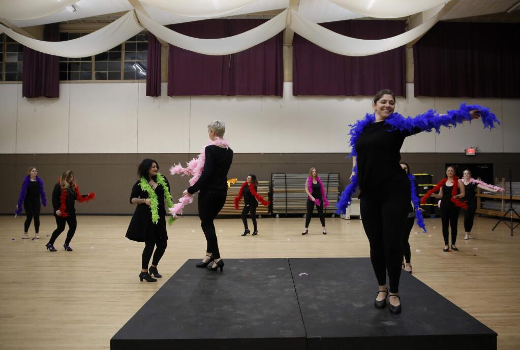 Nastassia Ayala, right, practices a dance number from Mama Mia with members of the Cloverdale Cabaret Players for the upcoming production of “That's Entertainment, A Tribute to Film,Theater and Music” in the Citrus Fair Auditorium in Cloverdale on Sunday, January 26, 2020. (BETH SCHLANKER/ The Press Democrat)