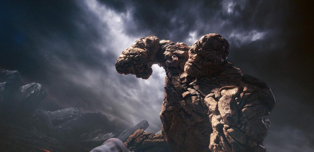 This photo provided by courtesy Twentieth Century Fox shows, The Thing, in a scene from the film, 'Fantastic Four,' releasing in U.S. theaters on Aug. 7, 2015. (Twentieth Century Fox via AP)