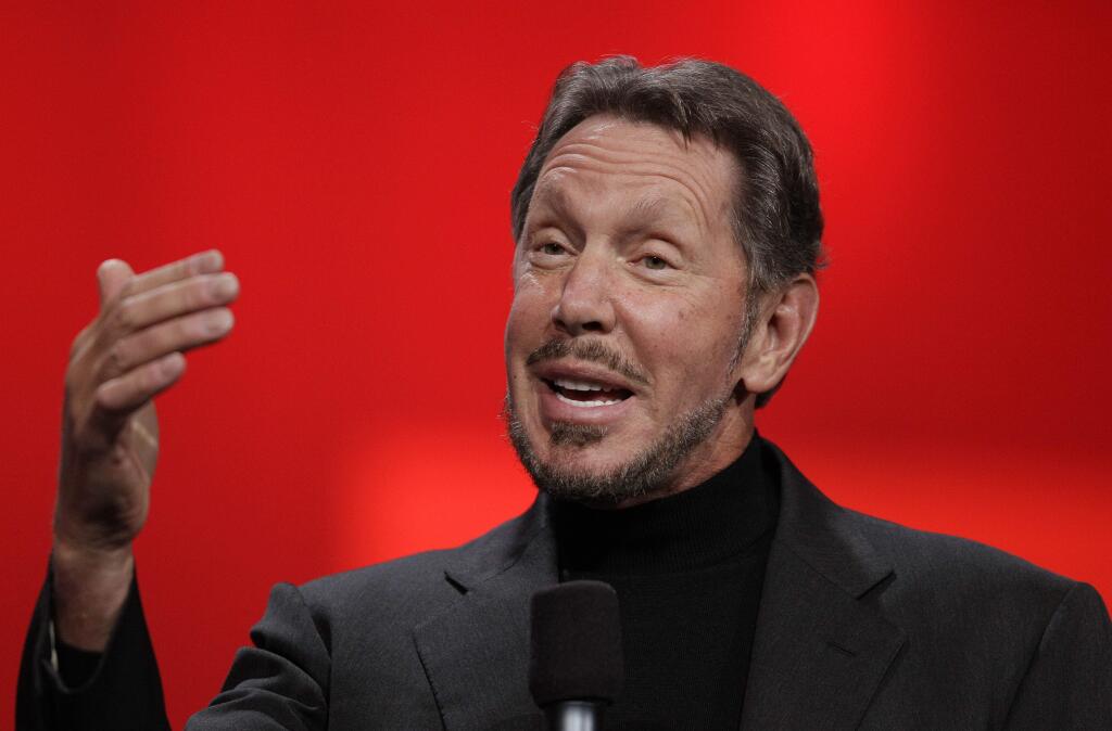In this Oct. 2, 2012 file photo, Oracle CEO Larry Ellison gestures while giving a keynote address at Oracle OpenWorld in San Francisco. (AP Photo/Eric Risberg, File)