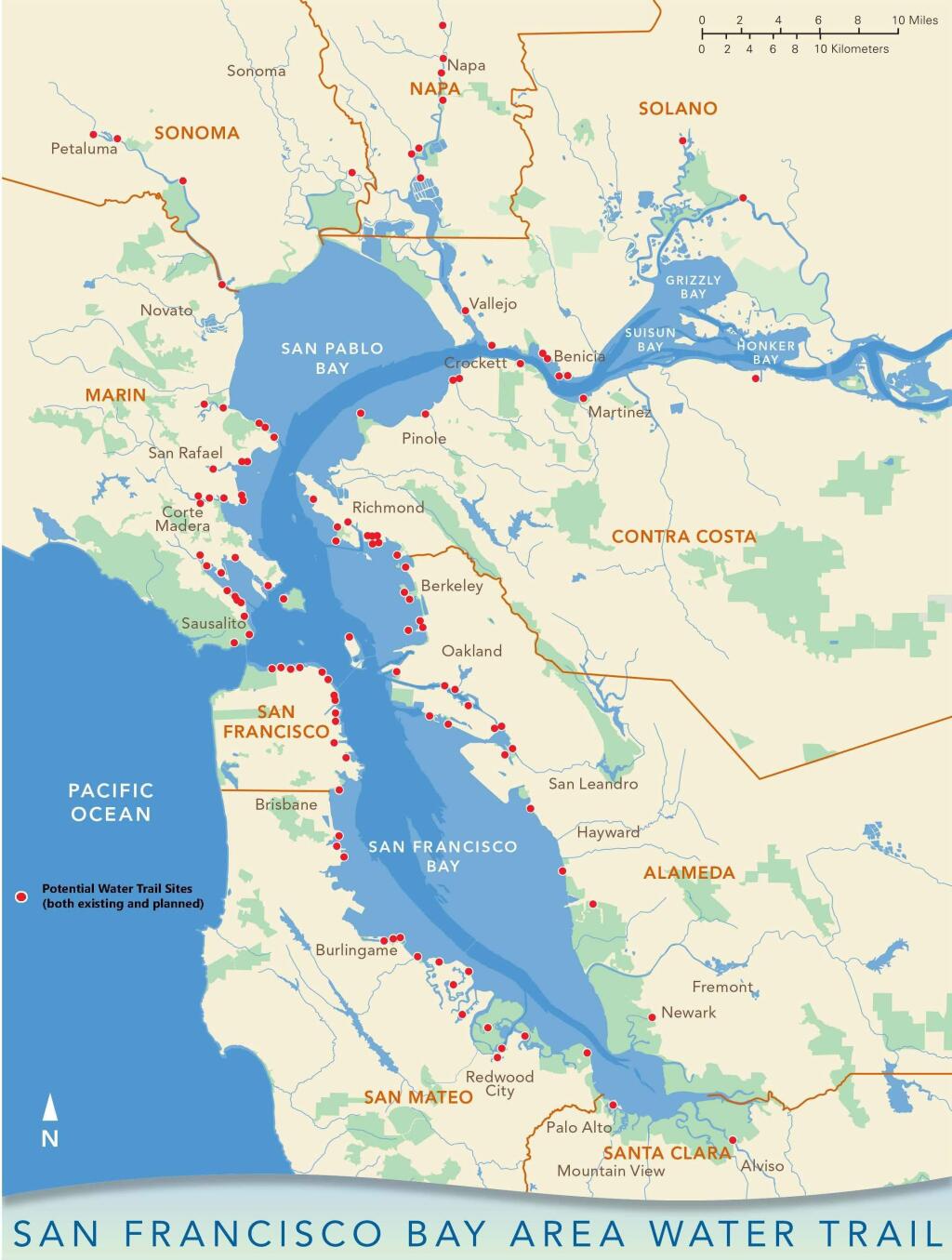 This map shows trailheads for the San Francisco Bay Area Water Trail.