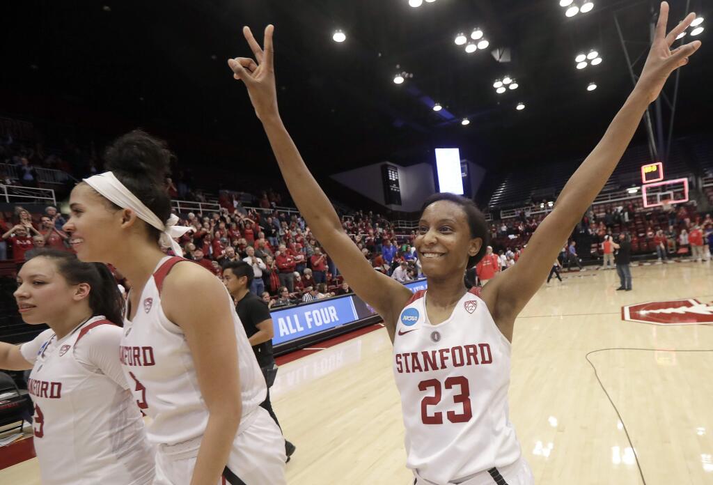 Stanford guard Kiana Williams celebrates after her team defeated Florida Gulf Coast in a second-round game in the NCAA women's tournament in Stanford on Monday, March 19, 2018. (AP Photo/Jeff Chiu)