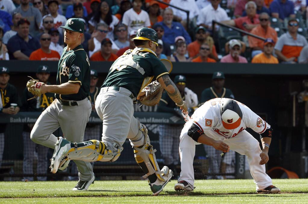 Oakland Athletics catcher Bruce Maxwell, center, tags out Baltimore Orioles' Welington Castillo on a fielder's choice ground ball that was hit by Tim Beckham in the fourth inning in Baltimore, Wednesday, Aug. 23, 2017. Also pictured at left is Athletics third baseman Matt Chapman. (AP Photo/Patrick Semansky)
