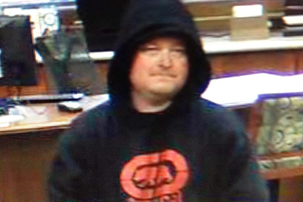 Rohnert Park police are looking for this man, suspected of robbing an Exchange Bank location on Commerce Boulevard on Thursday, Dec. 3, 2015. (ROHNERT PARK POLICE)