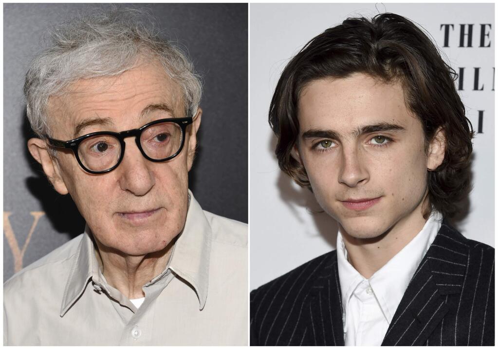 This combination photo shows director Woody Allen at the premiere of 'Cafe Society in New York on, July 13, 2016, left, and Timothee Chalamet at the New York Film Critics Circle Awards on Jan. 3, 2018, in New York. A growing number of actors are distancing themselves from Allen, heightening questions about the future of the prolific 82-year-old filmmaker in a Hollywood newly sensitive to allegations of sexual misconduct. Chalamet said he'll donate his salary for an upcoming Woody Allen film to charities fighting sexual harassment and abuse. The breakout star of 'Call Me By Your Name' announced Tuesday on Instagram that he didn't want to profit from his work on Allen's 'A Rainy Day in New York,' which wrapped shooting in the fall. (Photos by Evan Agostini/Invision/AP)