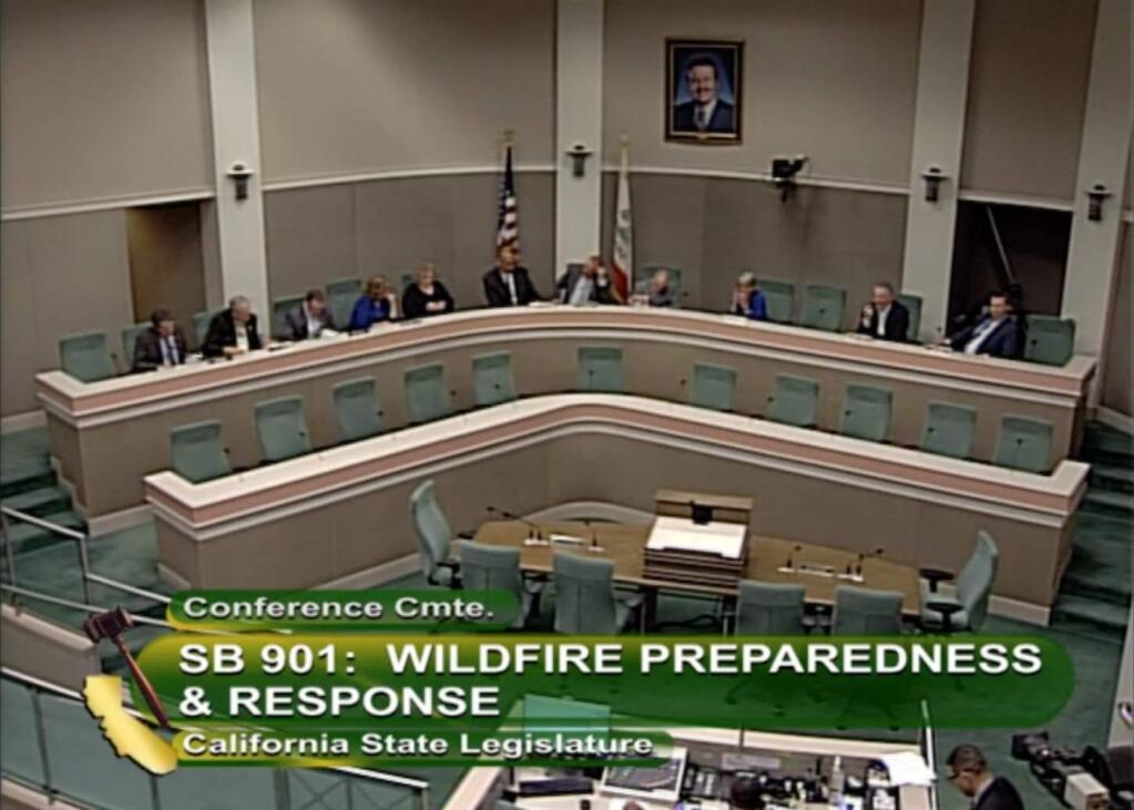 A screenshot from video of the hearing on California wildfire safety and prevention, Tuesday, Aug. 28, 2018 of the (California Legislature)