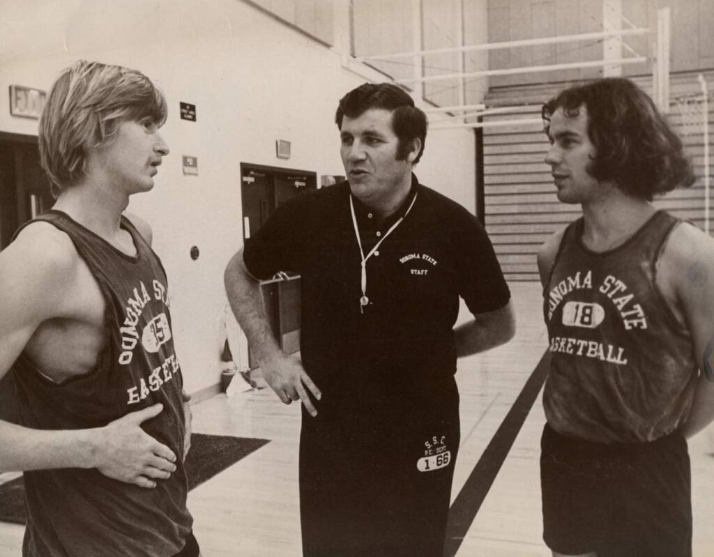 Steve Tiedeman, left, Sonoma State coach Bill Trumbo, center, and Tom Fitchie played together from 1972-74.