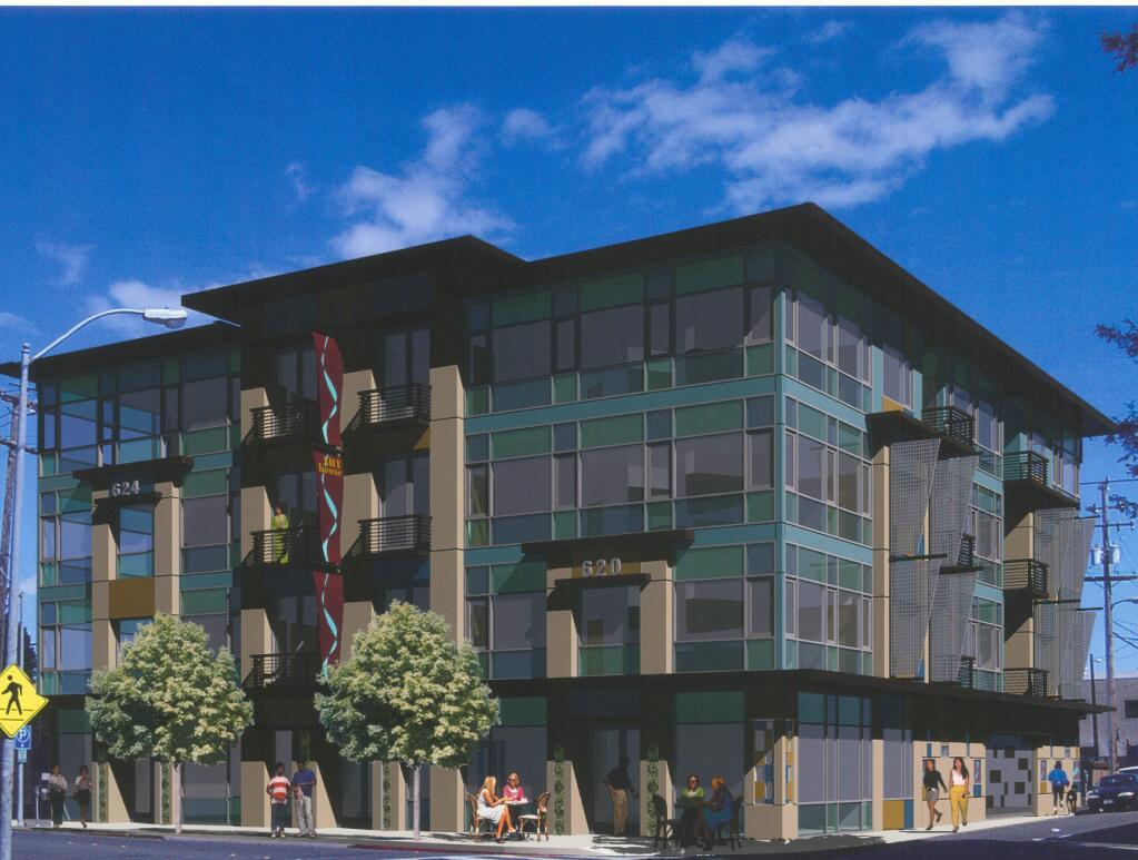 Hugh Futrell Corporation is building a four-story building at Seventh and Riley streets in Santa Rosa. Seen in this architectural rendering, the Art House building is set to have an art gallery, 21 residential units and 15 extended-stay suites when it opens, slated for 2020. (courtesy image)