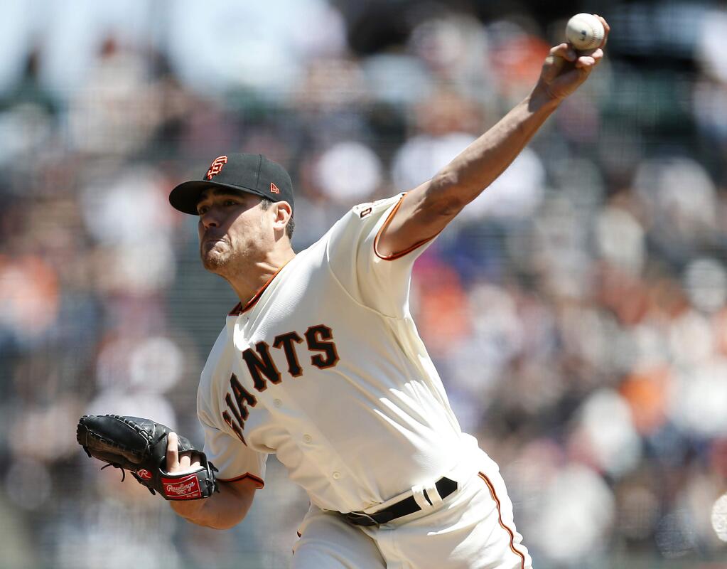 San Francisco Giants starting pitcher Matt Moore throws during the first inning against the Los Angeles Dodgers in San Francisco, Thursday, April 27, 2017. (AP Photo/ Tony Avelar)