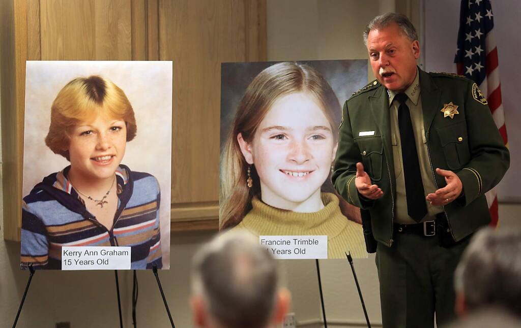 Mendocino County Sheriff Thomas Allman holds a press conference to announce that bodies of these girls, Kerry Ann Graham, left and Francine Trimble were recently identified by DNA, Tuesday Feb. 2, 2016, who were found dead on a remote stretch of Highway 20 west of Willits in July of 1979. The girls, described as best friends by family members, went missing in December 1978 after they said they were headed to Coddingtown. (Kent Porter / Press Democrat ) 2016