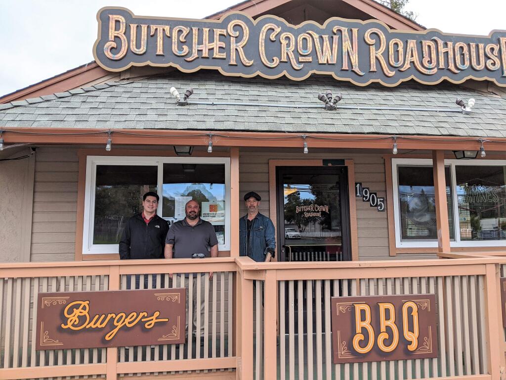 From left, Kiko Rodriguez, Nick Gordon, of Petaluma Food Taxi and Pete Schnell, owner of Butcher Crown Roadhouse. HOUSTON PORTER FOR THE ARGUS-COURIER